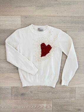 Red Valentino Silk Cotton Sweater with Leather Flower Heart Appliqué - Size S